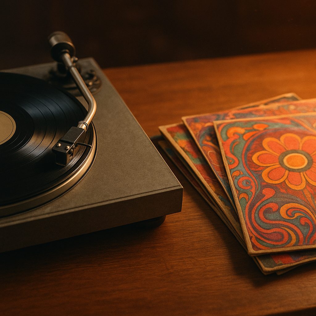 Turntable playing a classic rock vinyl record from the seventies