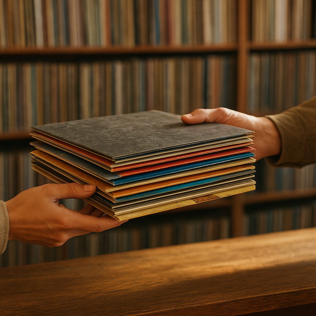 Stack of vinyl records being appraised at a record store counter